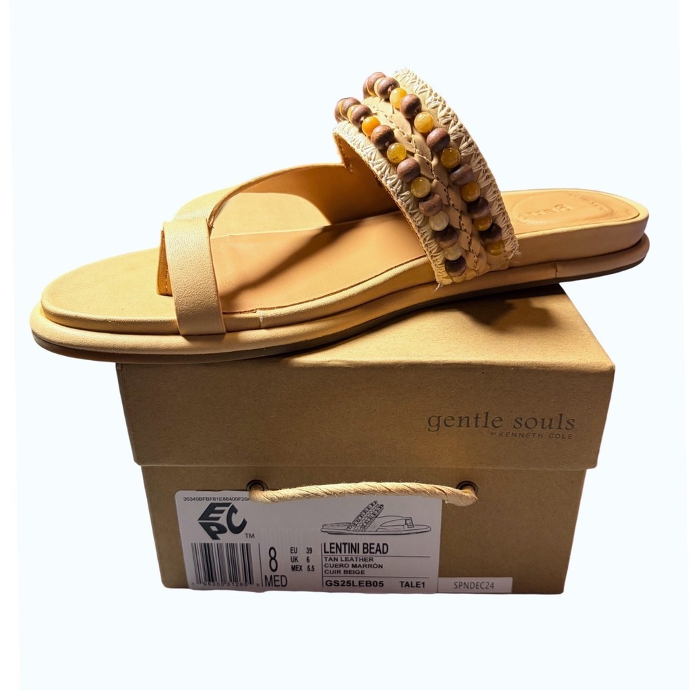 Gentle Souls Kenneth Cole‎ Women's 8M Lentini Bead Tan Leather Flat Sandals NEW